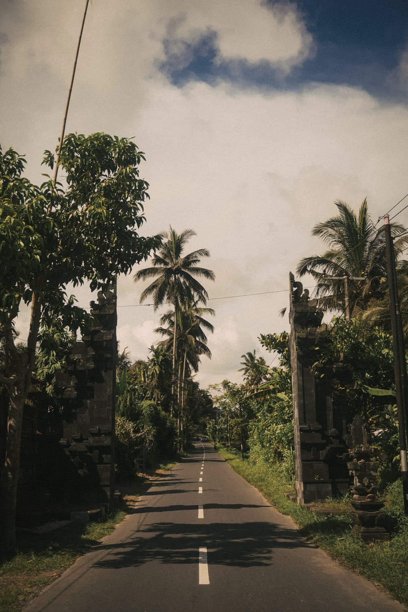 A quiet road lined with palms and stone gateways in Bali