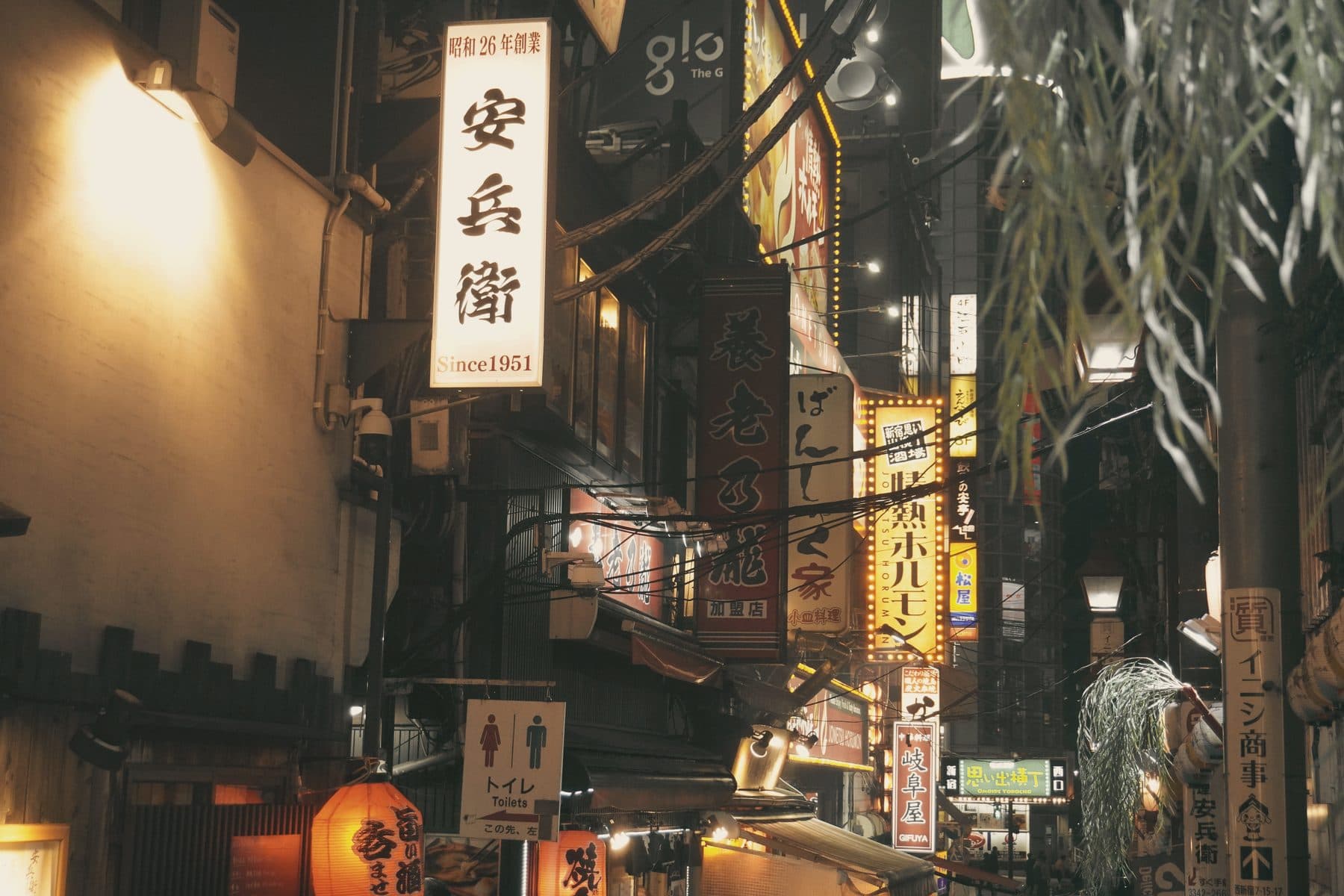 Lantern-lit food stalls in Omoide Yokocho, Shinjuku, at night