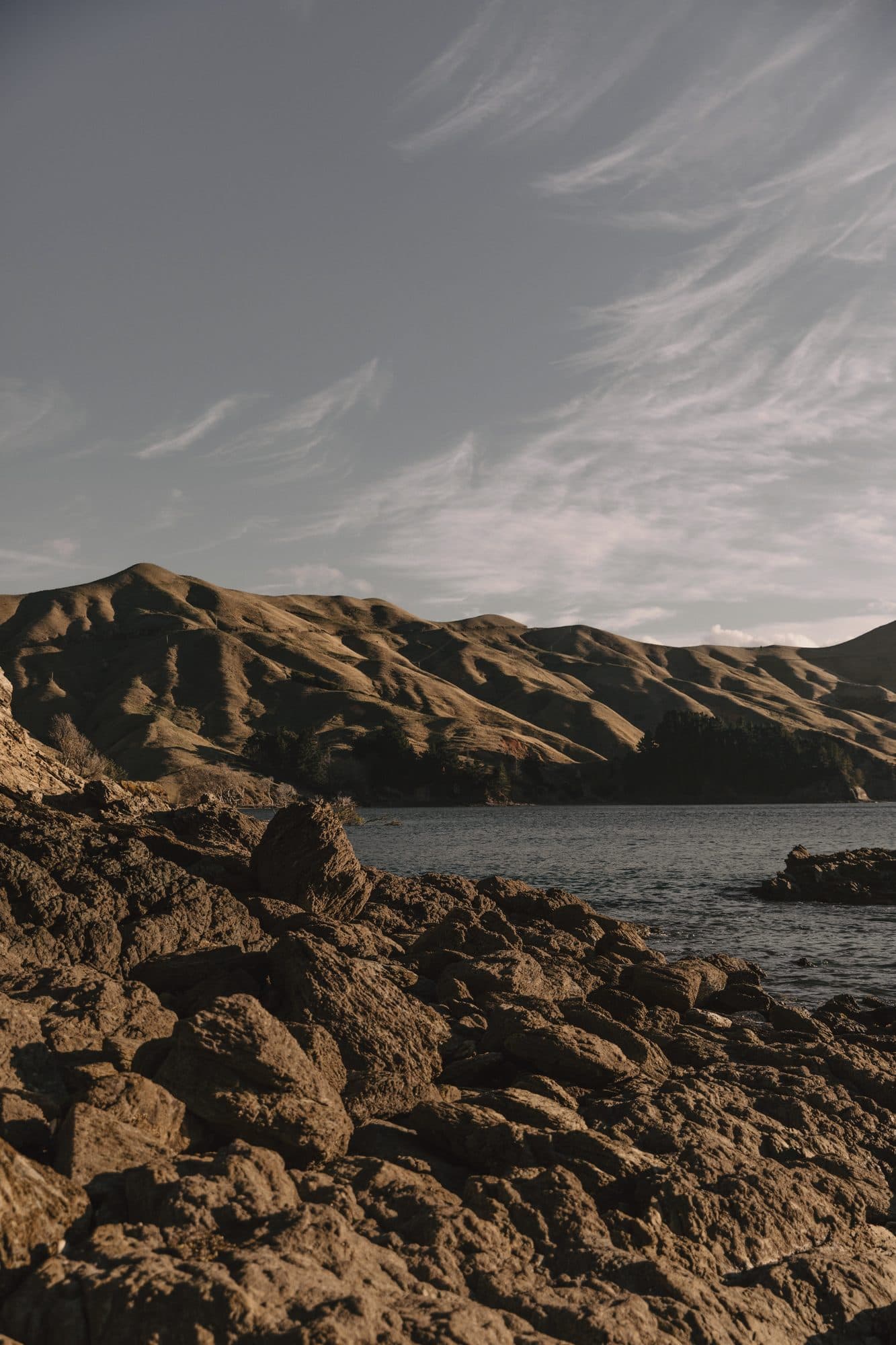Rocky shoreline and golden hills on a New Zealand lake