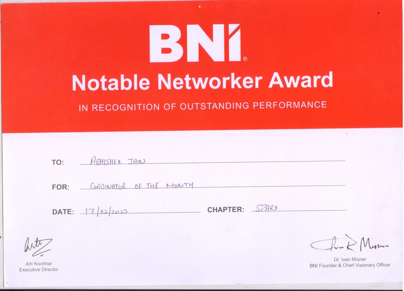 BNI Notable Networker Award, Coordinator of the Month