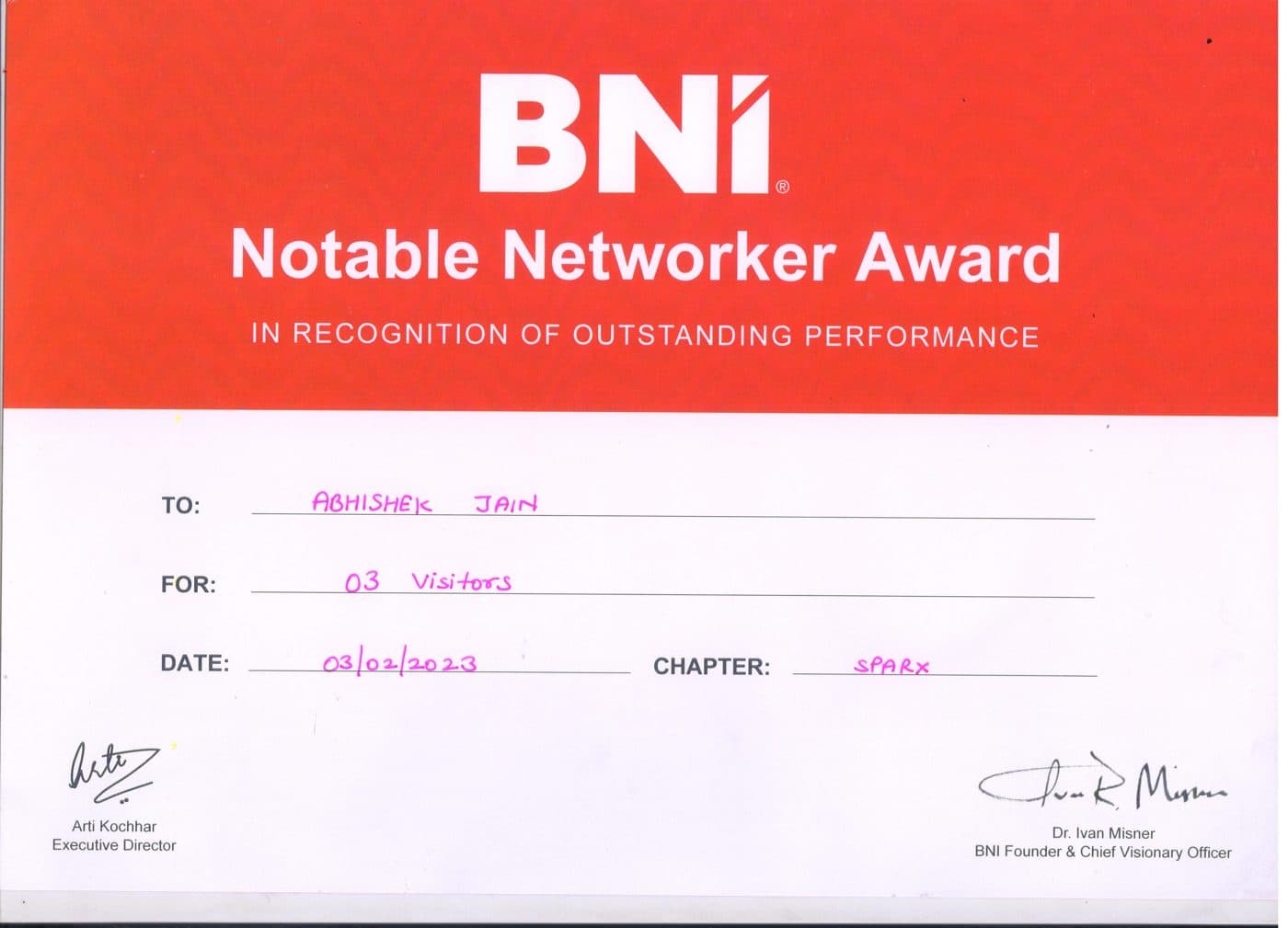 BNI Notable Networker Award