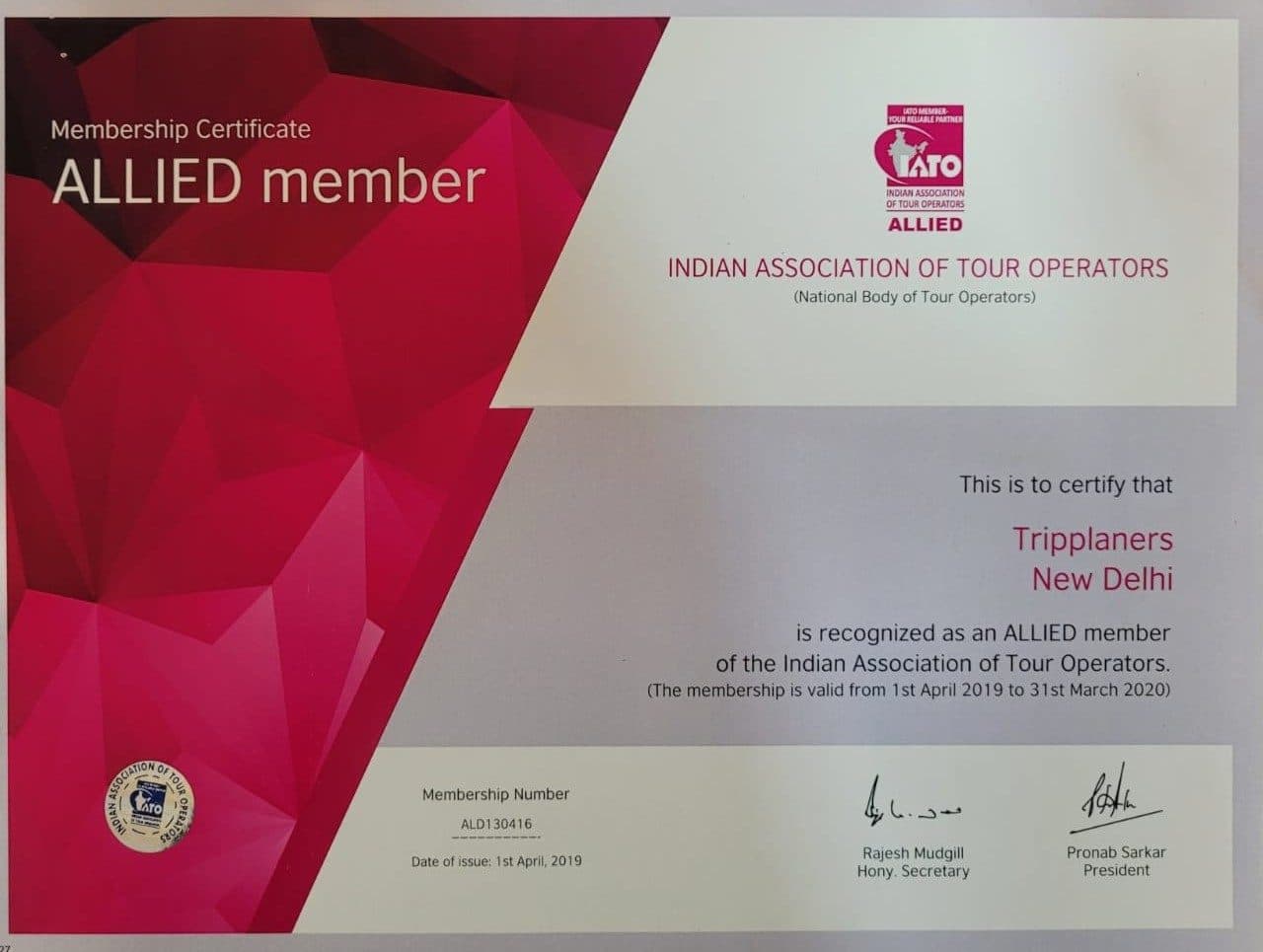 IATO Allied member certificate