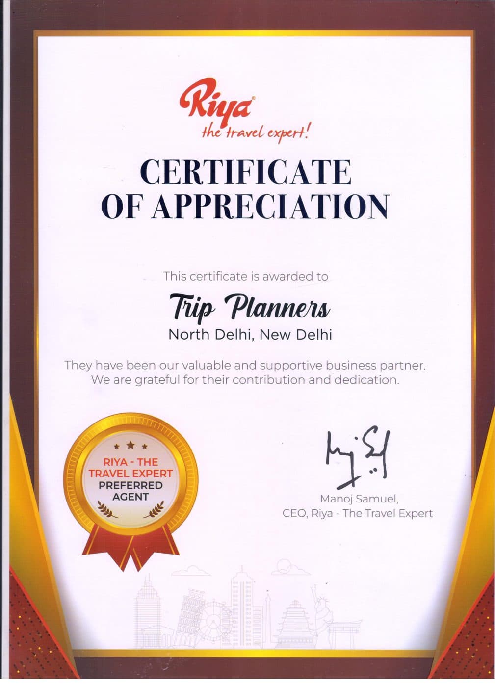 Riya – The Travel Expert certificate of appreciation